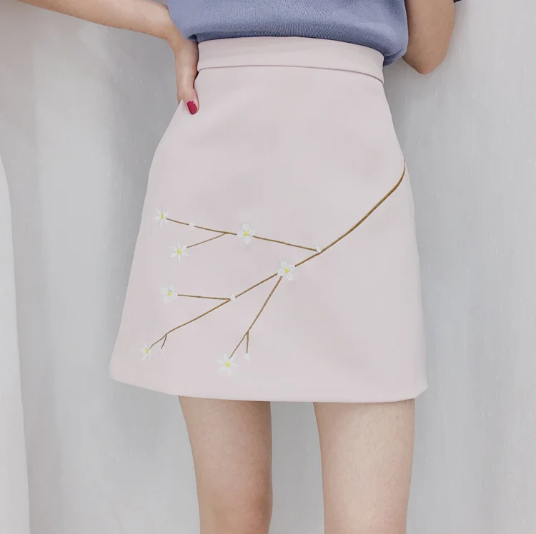 Женская юбочка с высокой талией весенняя Корейская цветочной вышивкой|skirt