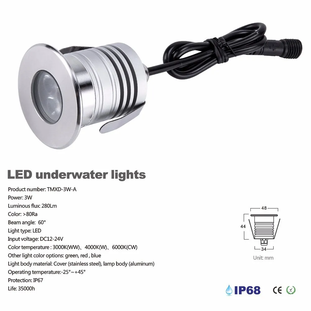 Waterproof 3W LED Underwater Swimming Pool Light IP68 Spa Sauna Lake Yard Pond Fountain Lighting DC12V-24V Input Lamp 10pcs CE | Лампы и