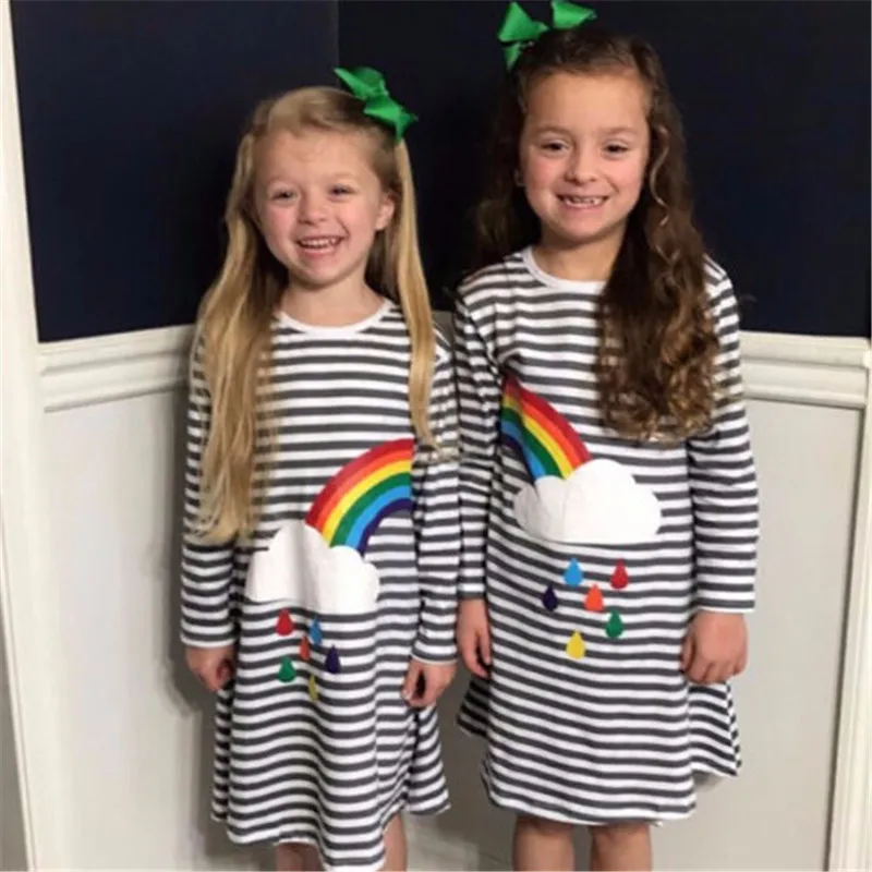 Toddler Baby Kids Girls Clothes Casual Long Sleeves Stripe Princess Party Dress Novelty Rainbow Sisters Twins Matching Outfits | Детская
