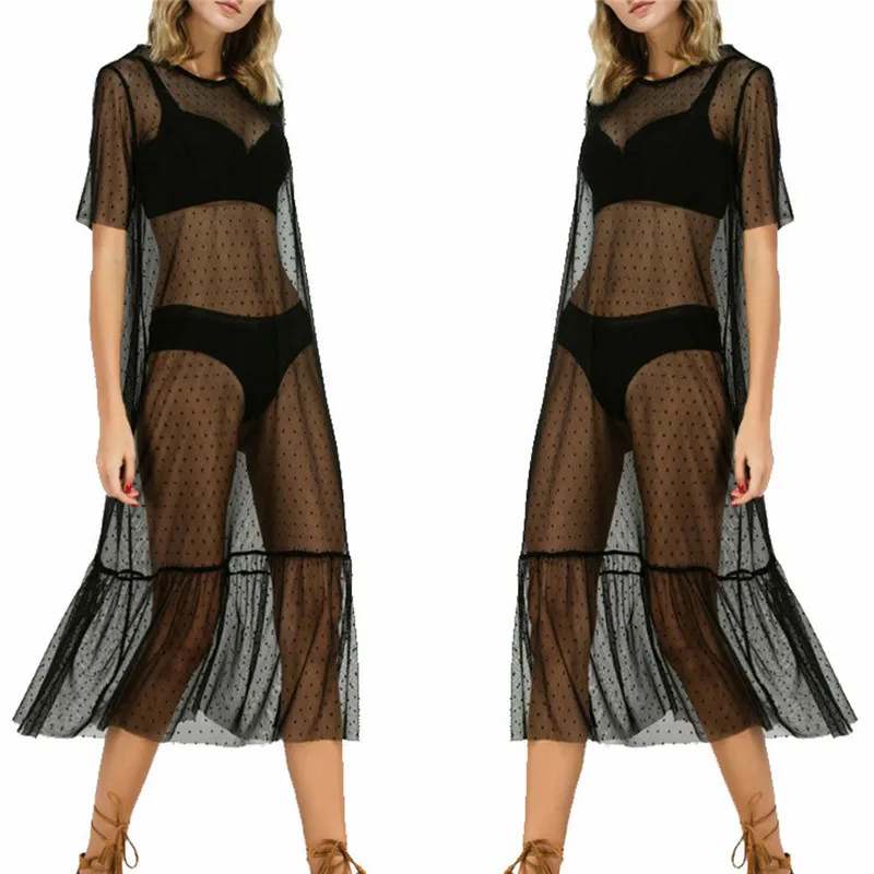 

2019 Sexy Women Party Evening Black Mesh Dress Sheer Dress Tulle Lace Long Dress Bikini Cover Ups Swimsuit