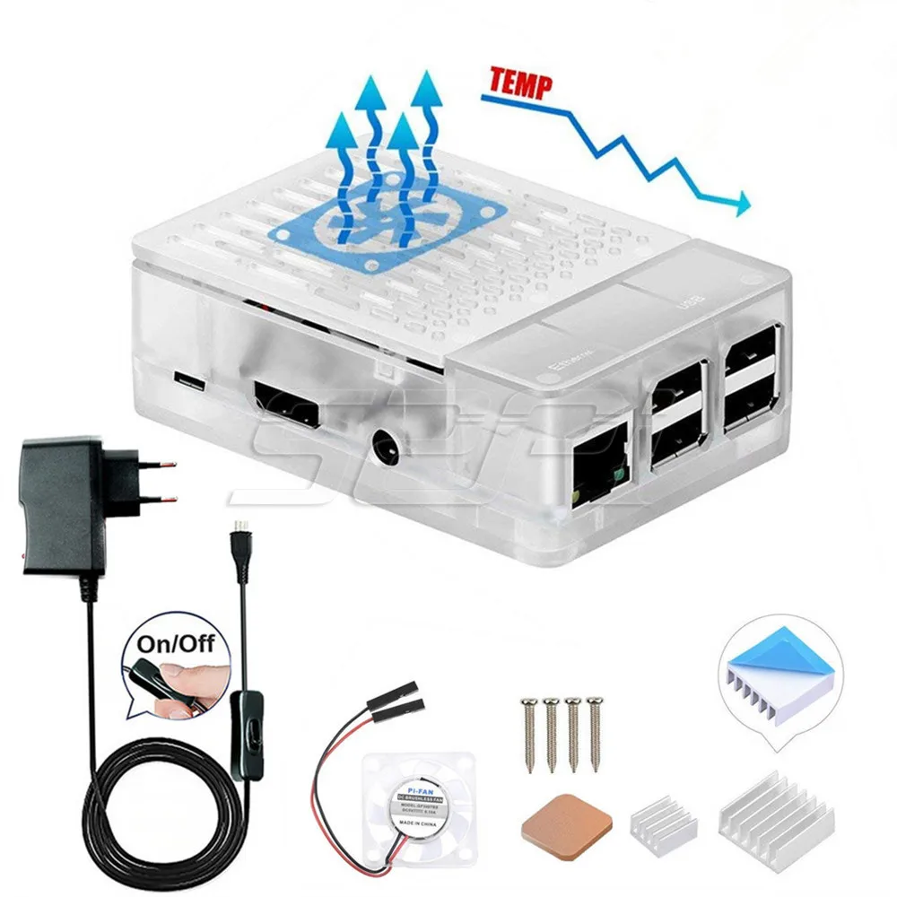 Clear with Adapter 52Pi ABS черный/белый цвет чехол Корпус крышка комплект с радиаторы и охлаждающим вентилятором для Raspberry Pi 3 Модель B+/3/2 Модель B - Цвет: Clear with Adapter