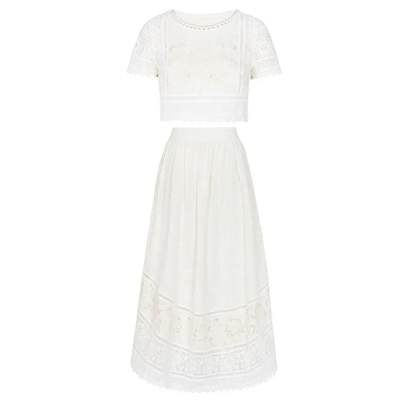 

2021 Women's Vacation Dress Two Pieces Sweet Irregular Dress O-neck Hollow Out Sexy Long White Dress Embroidery Elegant Dress