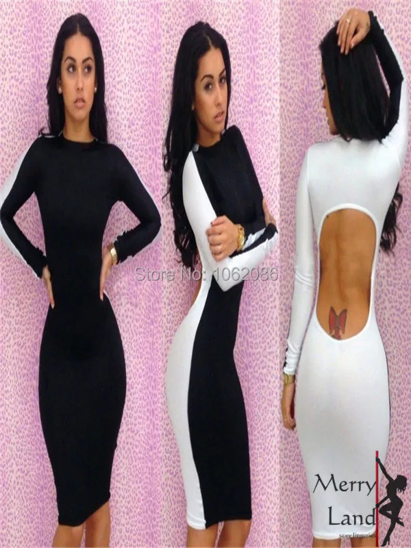 Черный и белый женщин с длинным рукавом гофра платье дамы лето свободного покроя