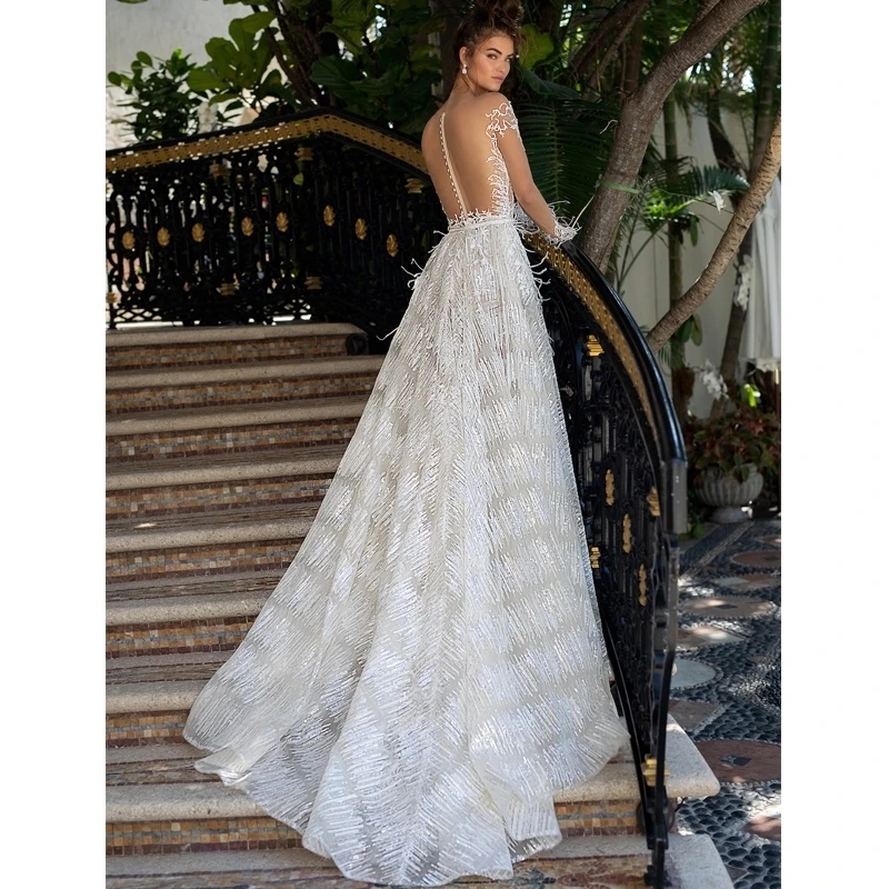 

Real see through 2019 back shawl wedding gown in turkey big train tail long train crystal wedding dresses luxury feathers HA053