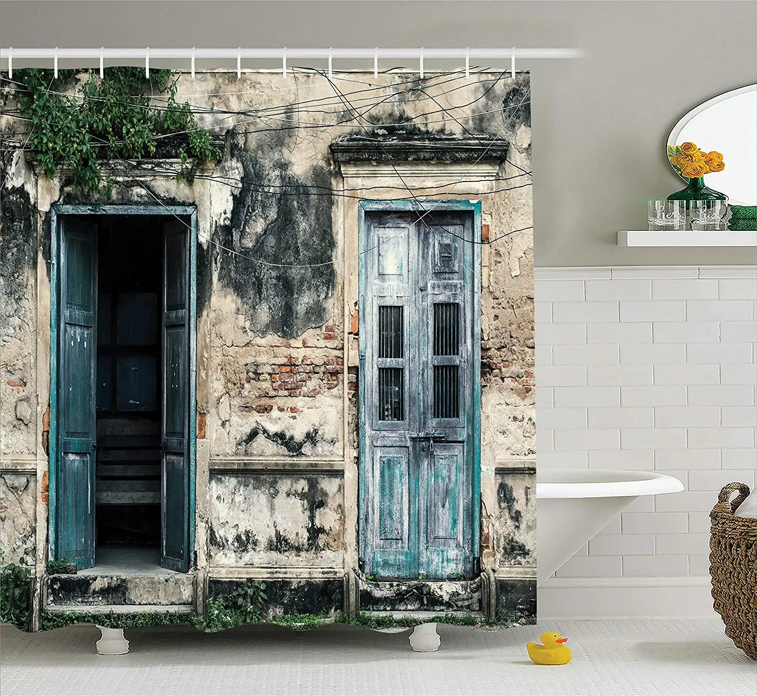 

Rustic Shower Curtain Doors of An Old Rock House with French Frame Details in Countryside European Past Fabric Bathroom