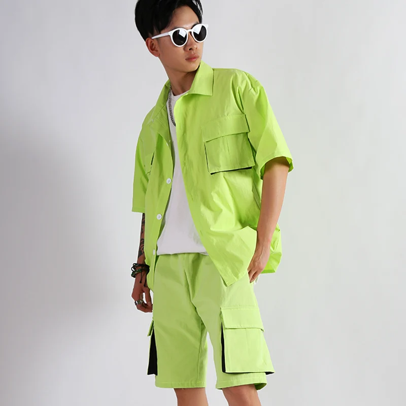 

M-2XL!! New Summer Fluorescent Green Short Sleeve Shirt Hip Hop Harbor Loose Shirt Short Sleeve Shorts Vision Set.