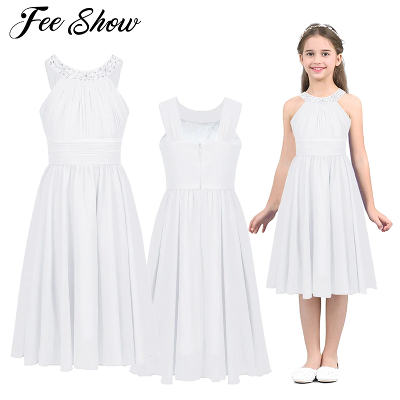 

Summer Flower Shaped Rhinestone Girls Costumes Halter Neck Chiffon Dress for Kids Teen Weeding Party Vestidos Princess Dress