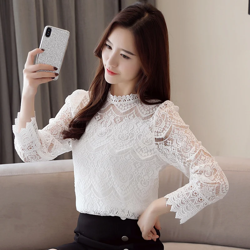 JUAYKALA White And Pink European goods lace shirt bottoming Women Casual Hollow O-Neck Tops Female Embroidery Blusas Harajuku |