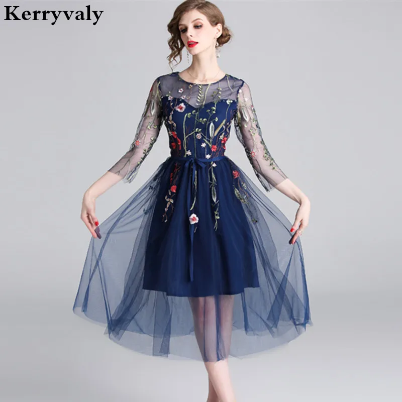 Стиль лето Благородный знаменитости миди платья для вечеринок vestidos mujer Verano газовая кружевная Вышивка женское платье Sukienki K6515