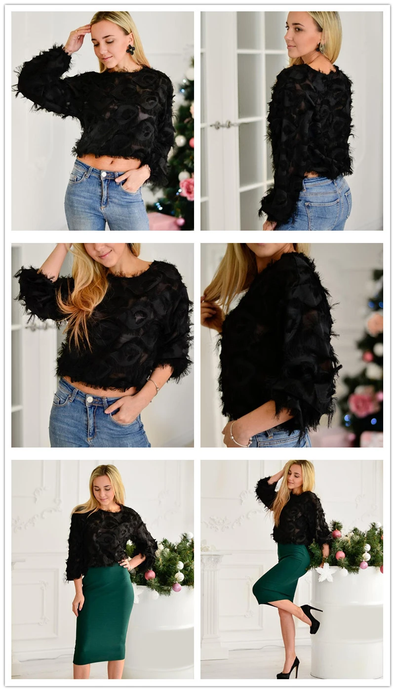 SHEIN, топ с бахромой, сетчатый топ, сексуальные осенние женские топы и блузки, черные, с длинным рукавом, круглый вырез, элегантные женские топы