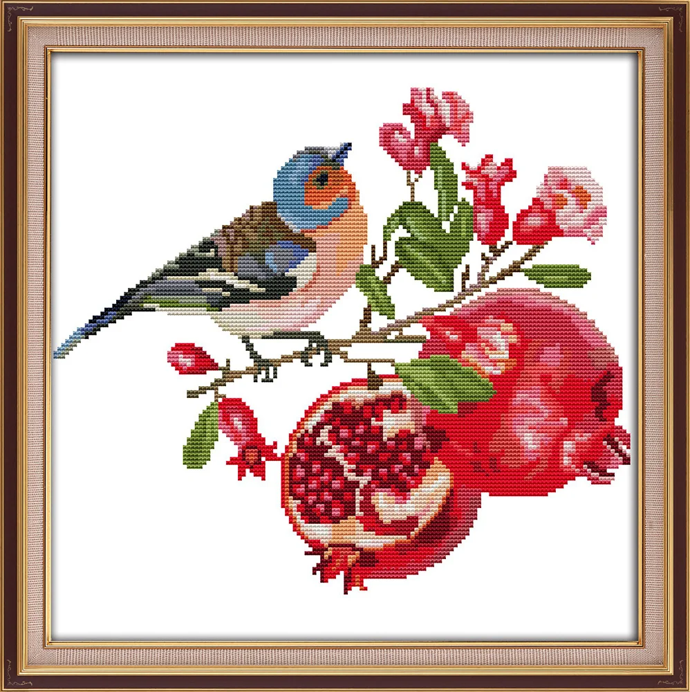 

Bird and pomegranate cross stitch kit aida 14ct 11ct count printed canvas stitches embroidery DIY handmade needlework