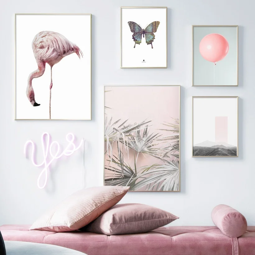 

Flamingo Palm Leaf Pink Balloon Butterfly Nordic Posters And Prints Wall Art Canvas Painting Wall Pictures For Living Room Decor