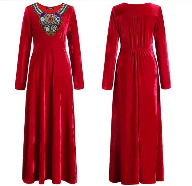 2017 вельветовые длинные платья с вышивкой и круглым вырезом для Mujer женские