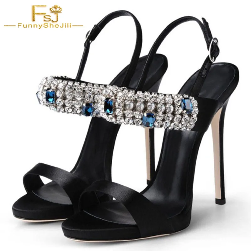 

FSJ Elegant Black Rhinestone Stiletto Heel Women Pumps Open Toe Buckle Strap Ladies Date Party Festival Dress Shoes 2021 Summer