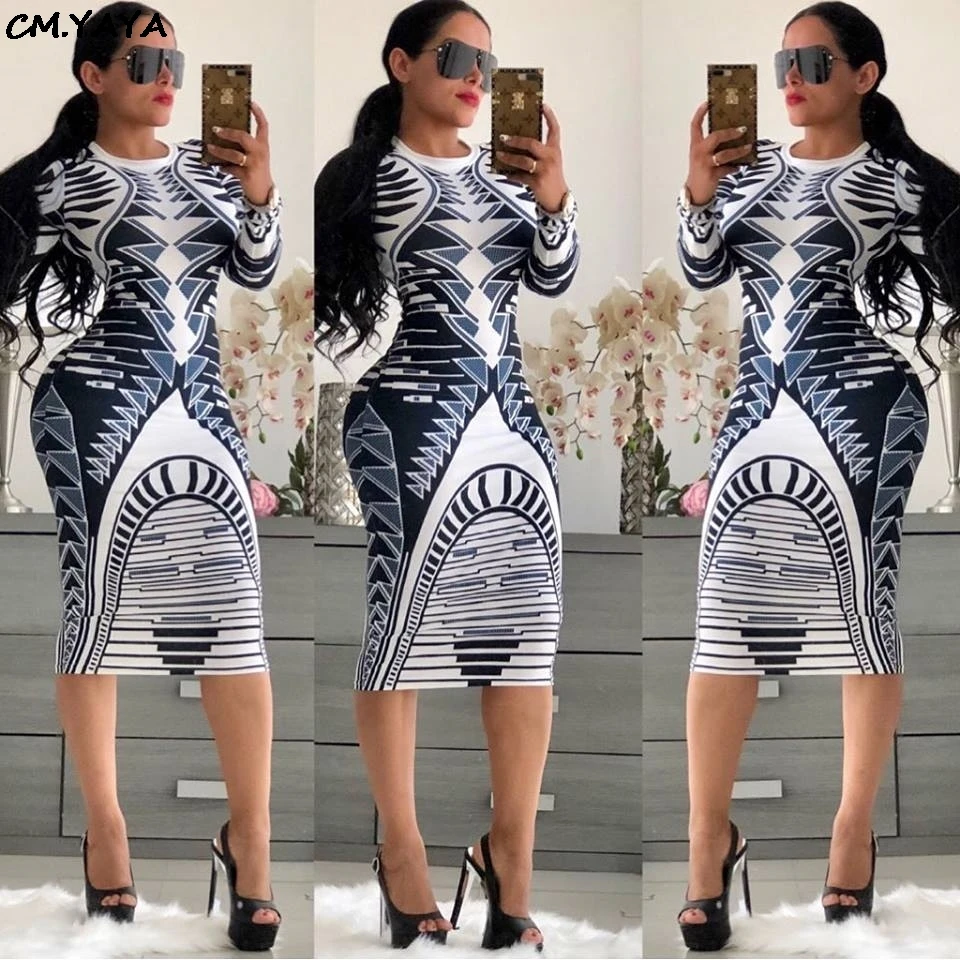 women sexy bodycon bandage knee length high waist long sleeve striped paisley print o-neck midi dress black white color 2357-3 | Женская