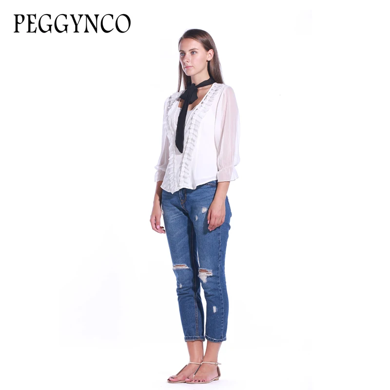 PEGGYNCO новые осенние блузки Для женщин Белый шелковые рубашки женские работы