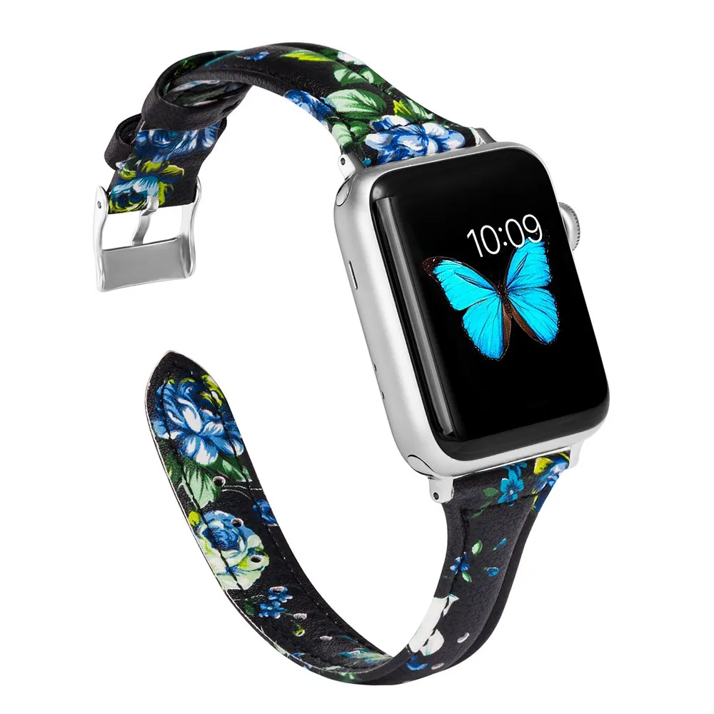 BlackBlue Премиум кожаный ремешок для часов для Apple Watch, гибкий браслет с цветочным принтом, 42 мм, 38 мм, ремешок для iwatch - Цвет ремешка: BlackBlue