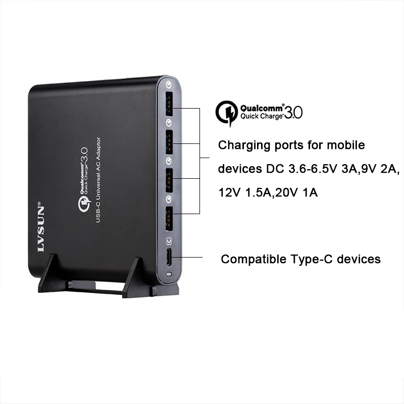 LVSUN QC 3,0 зарядное устройство для телефона, планшета, ноутбука, адаптер type-c USB-C USB C зарядное устройство для Macbook Spectre 13 Yoga 5 Dell Hp Xiao mi