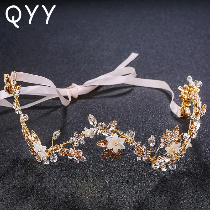 Фото QYY модные белые цветы кристалл принцесса свадебная повязка ручной работы