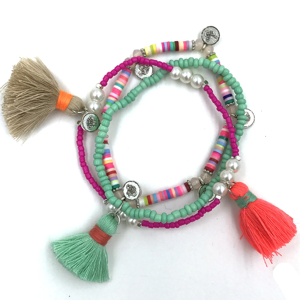 Новый Богемия Boho Chic браслет цвета радуги кисточкой Подвески нескольких слоев