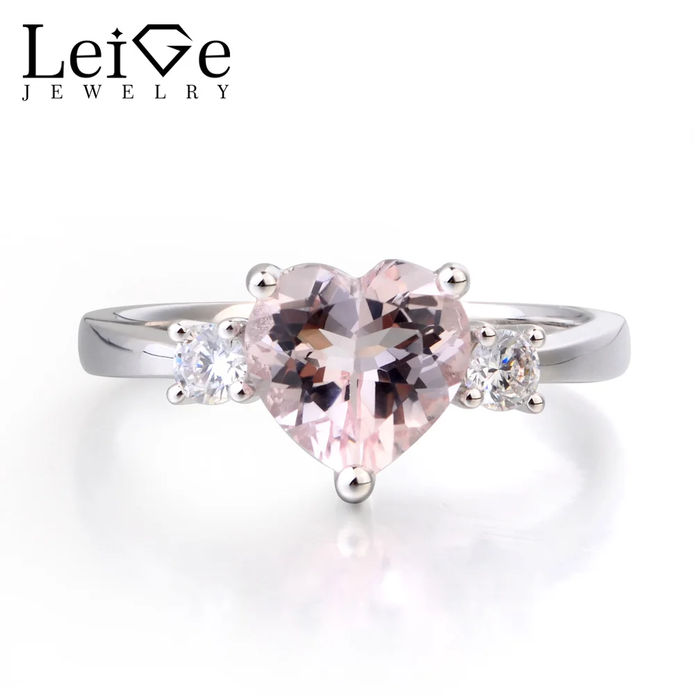 

Leige Jewelry Natural Pink Morganite Ring Wedding Ring Pink Gemstone Heart Cut Gemstone 925 Sterling Silver Ring Romantic Gifts