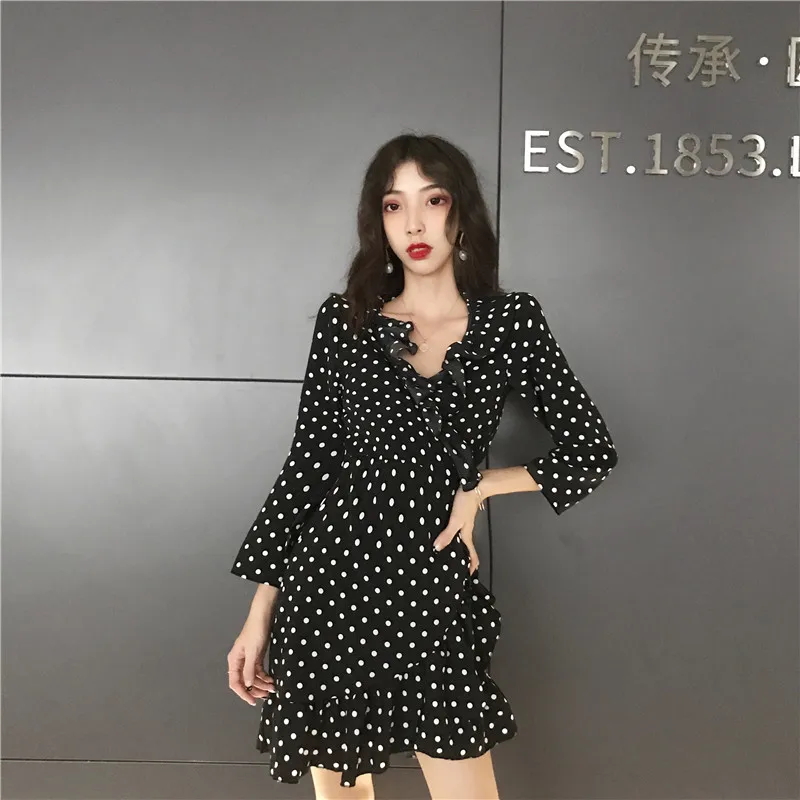 Горошек Обёрточная бумага платье Для женщин 2018 Новая мода осень с длинным