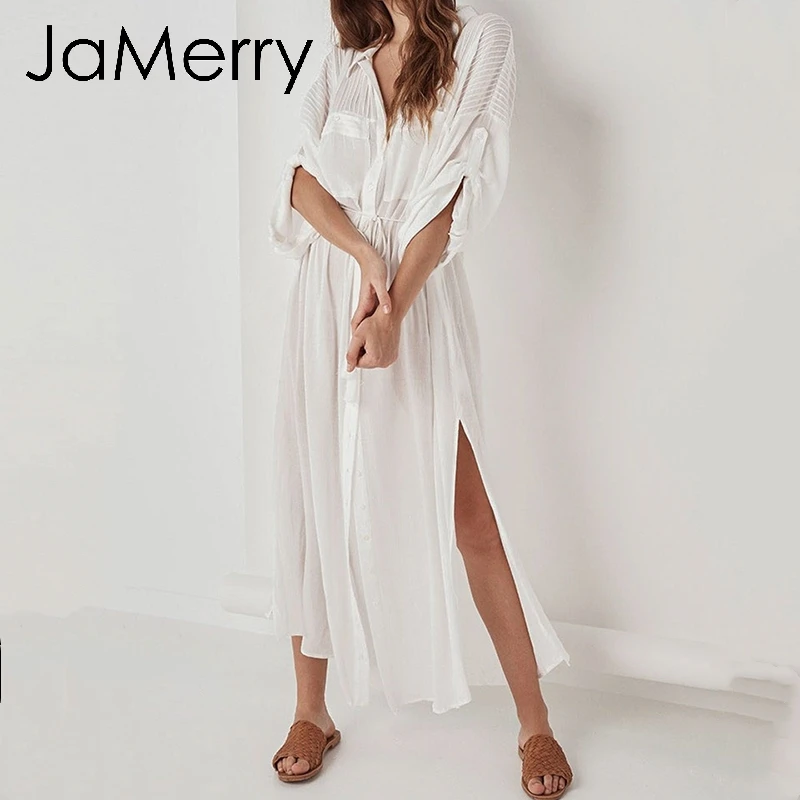 JaMerry однотонное белое хлопковое пляжное макси длинное платье Летнее женское