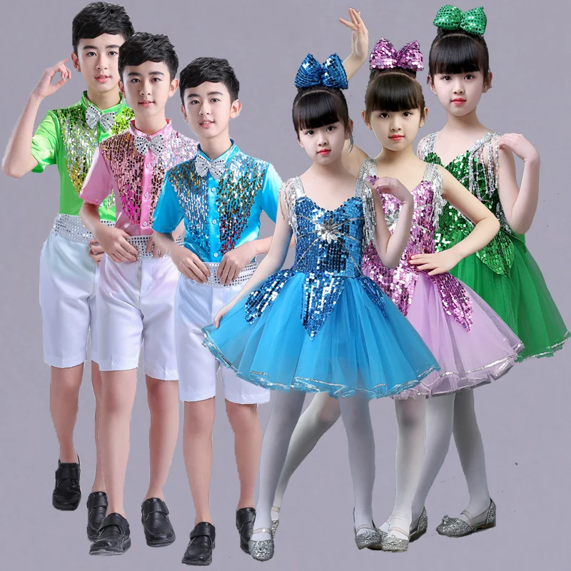 

New Girl and boy's Sequins Dance Costume Children's Kindergarten Chorus Costume performance stage modern dance dress JQ-354