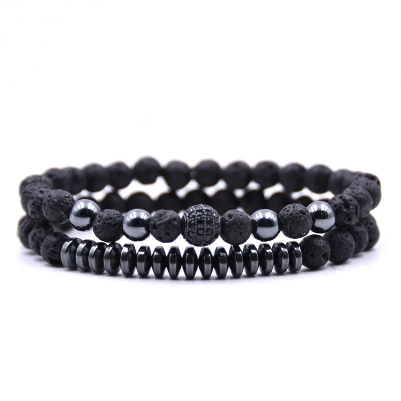 2Pcs/Set Micro mosaic 8mm black ball Bracelet 6mm Natural Stone 5 colors collocation Beaded Bracelets for Men Women Classic | Украшения и