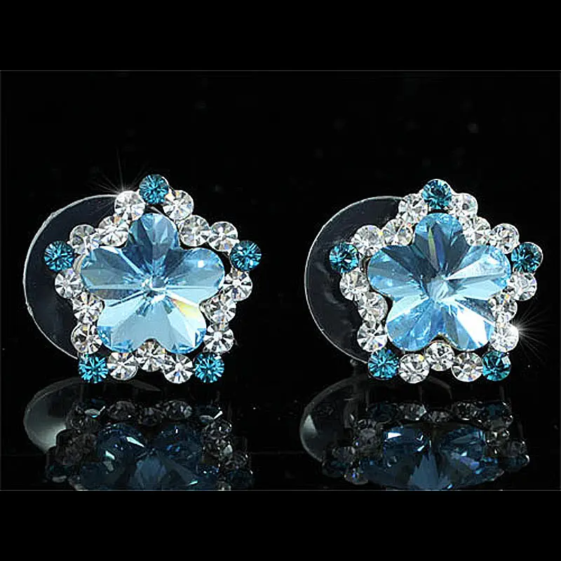 Серьги пусеты с павлином звездочкой Аква синим цветком австрийскими кристаллами