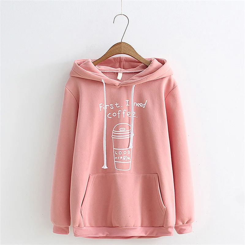 2018 New Women Hoodies Cotton Hooded Harajuku Sweet Cute Pleated Long Sleeve Coffee Print #2893 | Женская одежда
