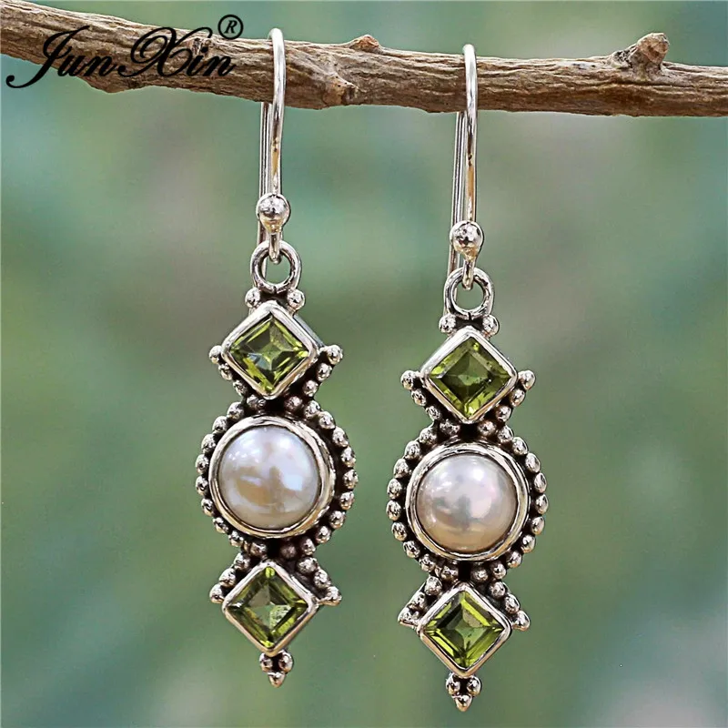 

JUNXIN Antique Style Geometry Moonstone Drop Earrings For Women Boho Round Red Blue Opal Earrings Female Zircon Wedding Jewelry