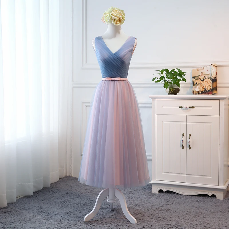 YYMY02Z # Длинные платья подружки невесты средней длины с V-образным вырезом на