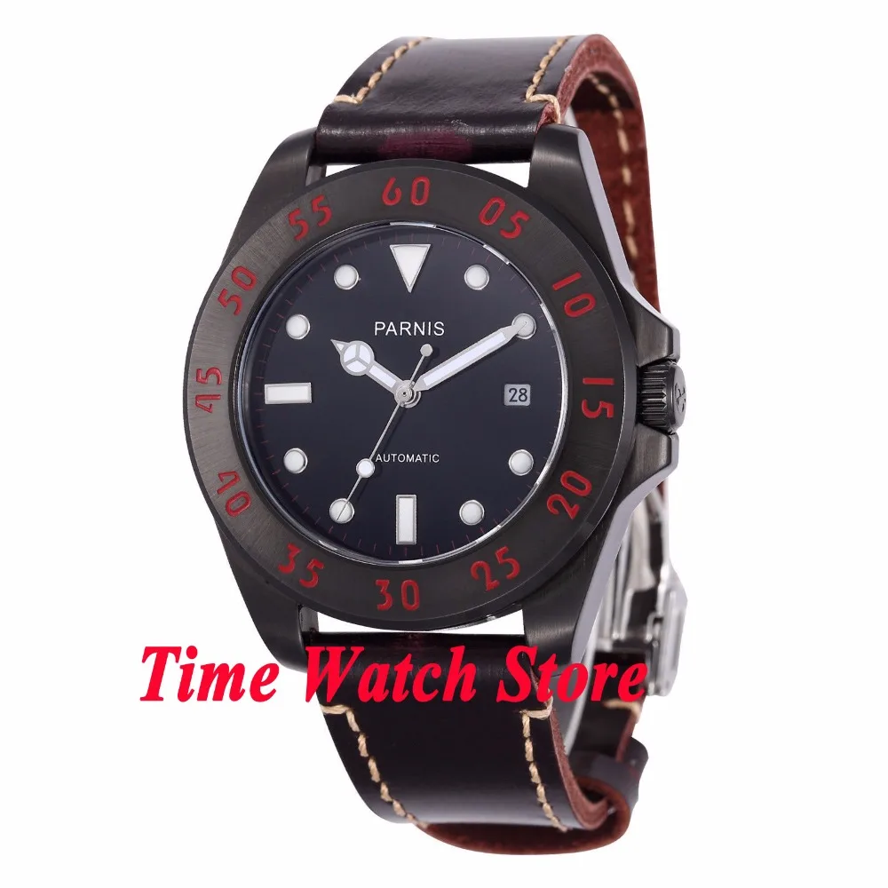 

Parnis 43mm black dial white marks luminous sapphire glass PVD case 10ATM MIYOTA Automatic mens watch 391 relogio masculino