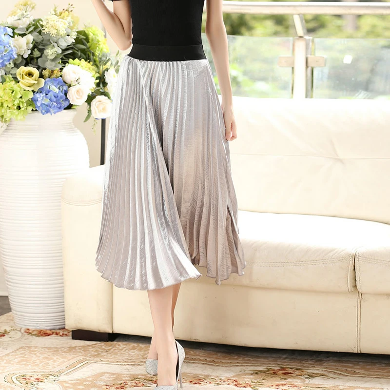 New Vintage Women High Waisted Metallic Luster Skater Pleated Skirt Spring Summer Autumn Fall Solid Flared Mid Calf Skirts | Женская