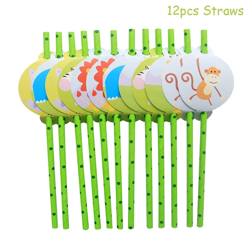 12p straws Джунгли вечерние друзья животных набор воздушных шаров Декор сафари вечерние одноразовые набор столовых приборов мальчик бумажная тарелка на день рождения чашки торт топперы - Цвет: 12p straws