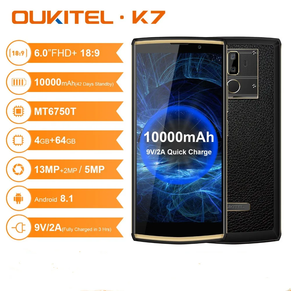 OUKITEL K7 6 0 дюймов Android 8 1 телефон FHD + MTK6750T 4 Гб ОЗУ 64 ПЗУ 10000 мАч 9 В/2 а Быстрая зарядка 13