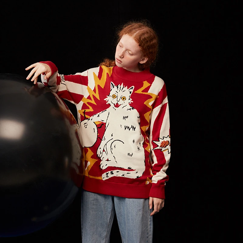 Женский свитер в стиле Харадзюку теплый плотный жаккардовый с уродливым котом