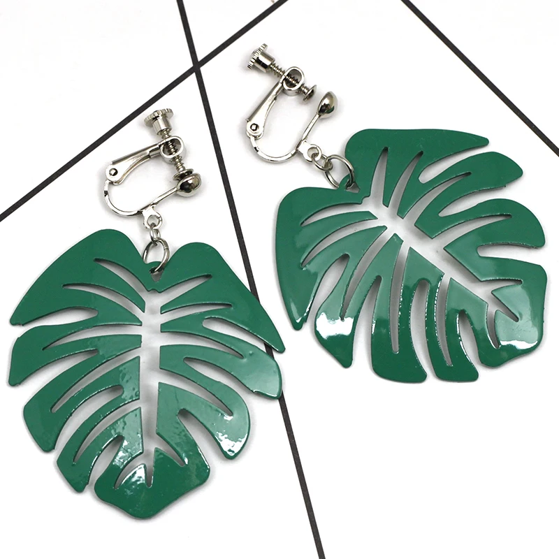Серьги клипсы с зелеными листьями для ушей без отверстий корейские серьги в
