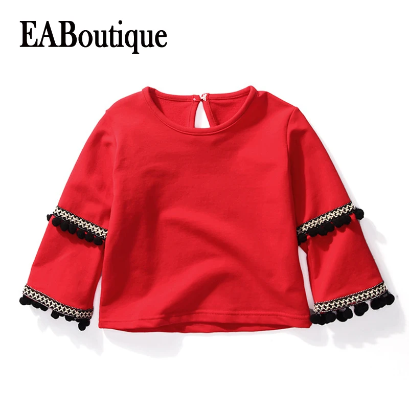 EABoutique Fashion Romantic Style Patch Double Tassels Sleeve girl winter top long sleeve Girls t-shirt | Мать и ребенок