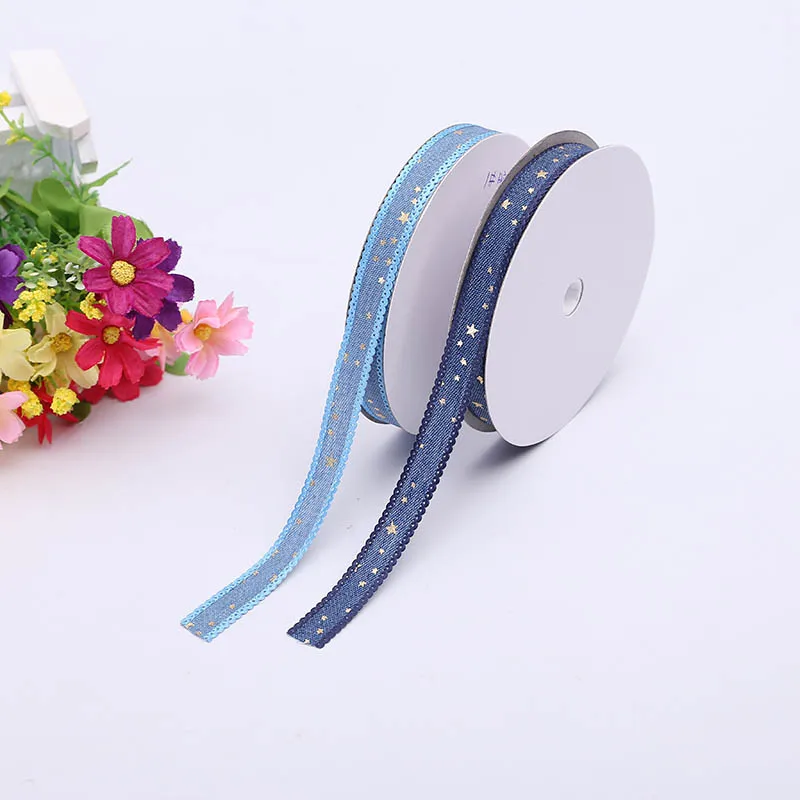 

Two-Color Small Size 1.2cm Handmade Ribbon Single-Sided Printing Denim Gold Stars Decoration Christmas DIY Packaging Ribbon