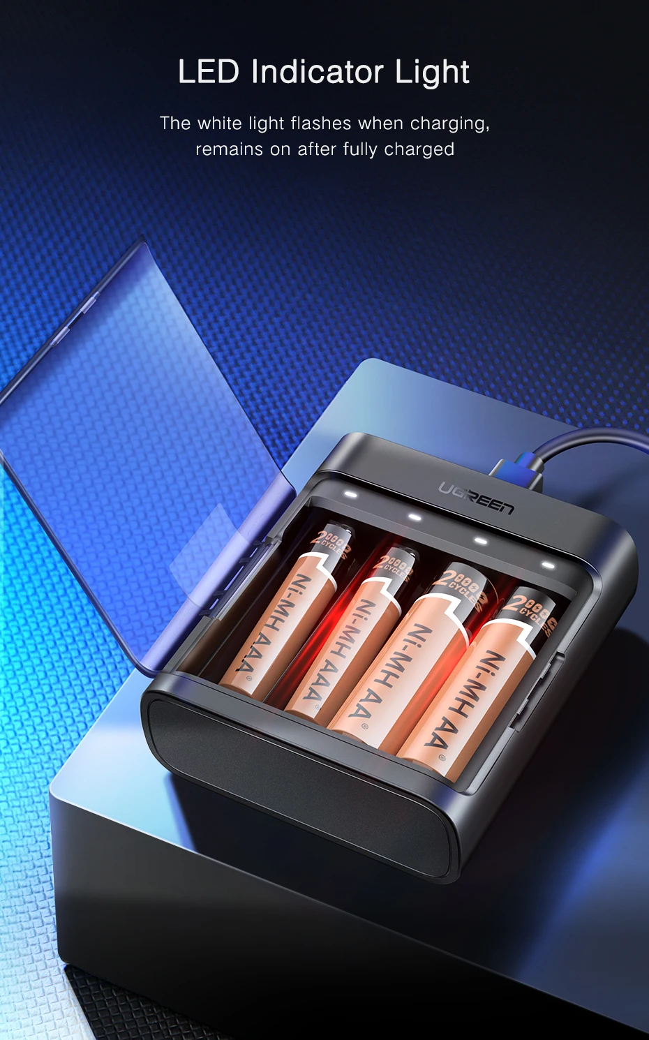 Ugreen зарядное устройство Smart AAA AA зарядное устройство для никель-металл-гидридных аккумуляторов 5 в микро USB кабель для зарядки зарядное устройство