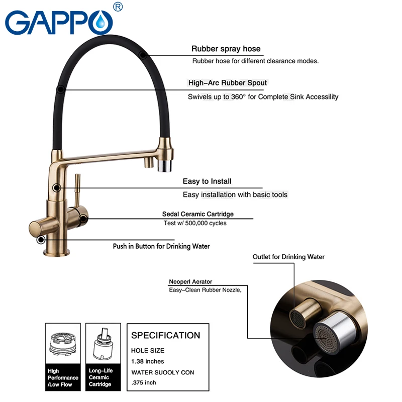 

GAPPO kitchen faucet gold and black water taps filter faucets mixer Rotatable kitchen water purifier mixers deck mounted