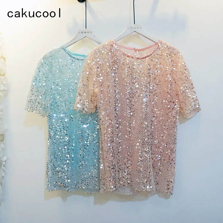 Женская Блестящая рубашка с коротким рукавом Cakucool летняя шифоновая сетчатая