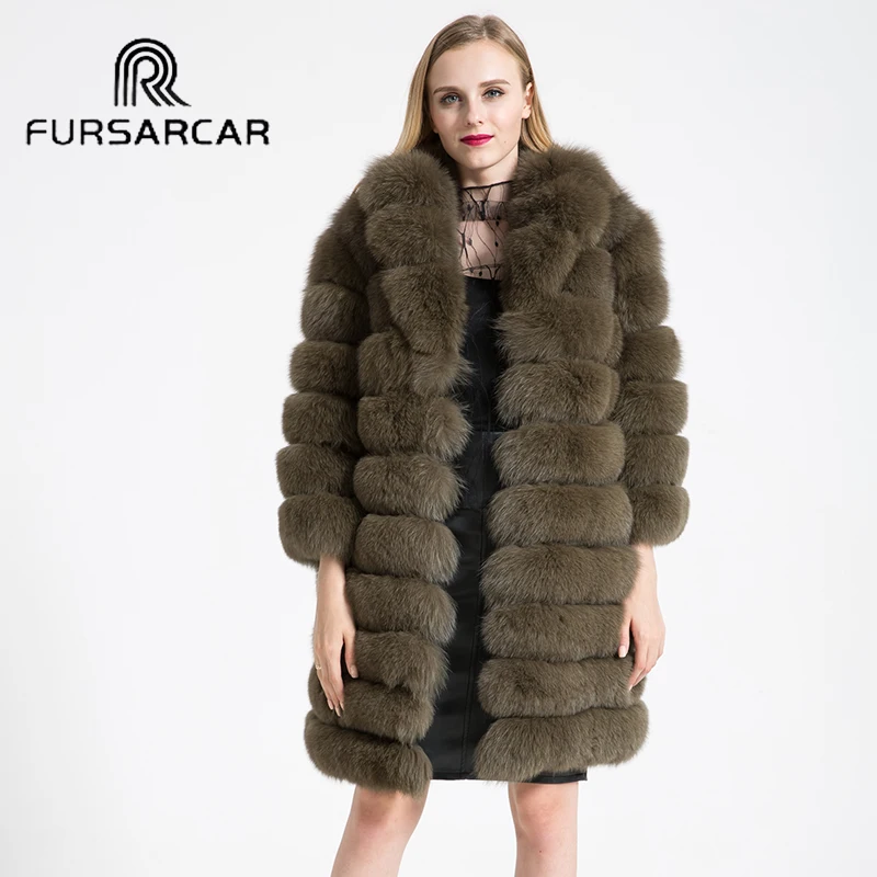Меховая женская шуба из натурального Лисьего меха FURSARCAR толстая Длинная куртка 90
