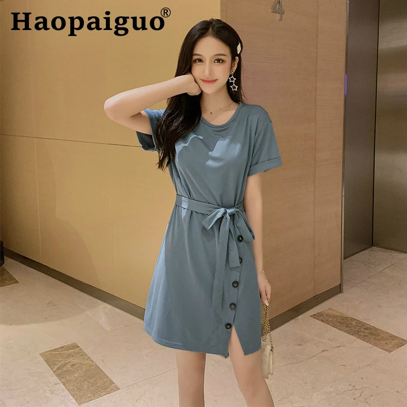 

2019 Summer Casual Cotton Dress Women Short Sleeve Split Bandage Bodycon Dress Women Button Wrap Midi Ladies Dress Plus Size