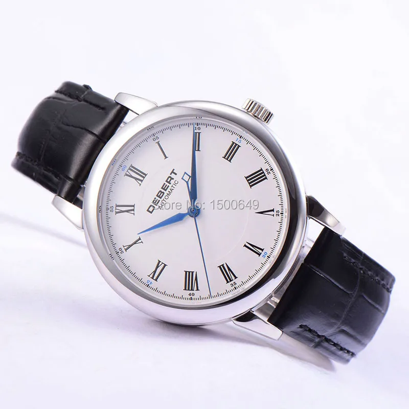 Полированные мужские часы deber 40 мм с белым циферблатом и голубыми метками 8215 |