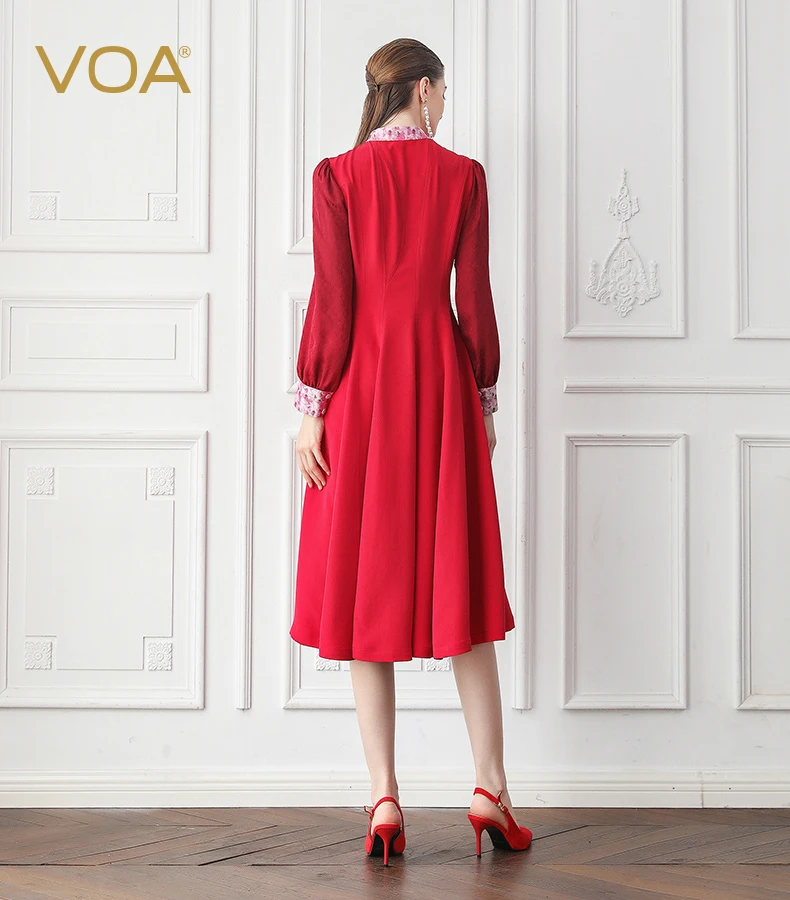 Женское шелковое платье VOA в старом стиле с оборками и пышными рукавами A10011 |