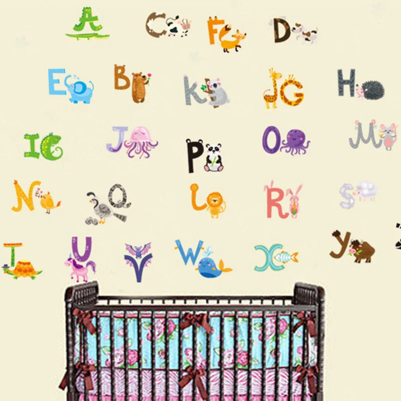 26 букв, A-Z, алфавит и животные, наклейка на стену, украшение для дома, английские виниловые наклейки на стену, наклейки для детской комнаты, Декор