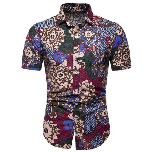 

New Fashion Men Short Sleeve Floral Print Turn-down Collar Slim Fit Shirt Top Gentlemen Summer Casual Comfortable Clothing M-5XL
